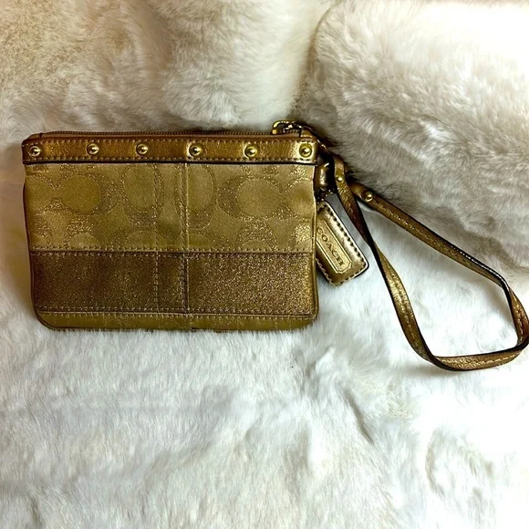 Coach Signature Stripe Studded Gold Metallic Lurex & Leather Wristlet - Picture 2 of 9